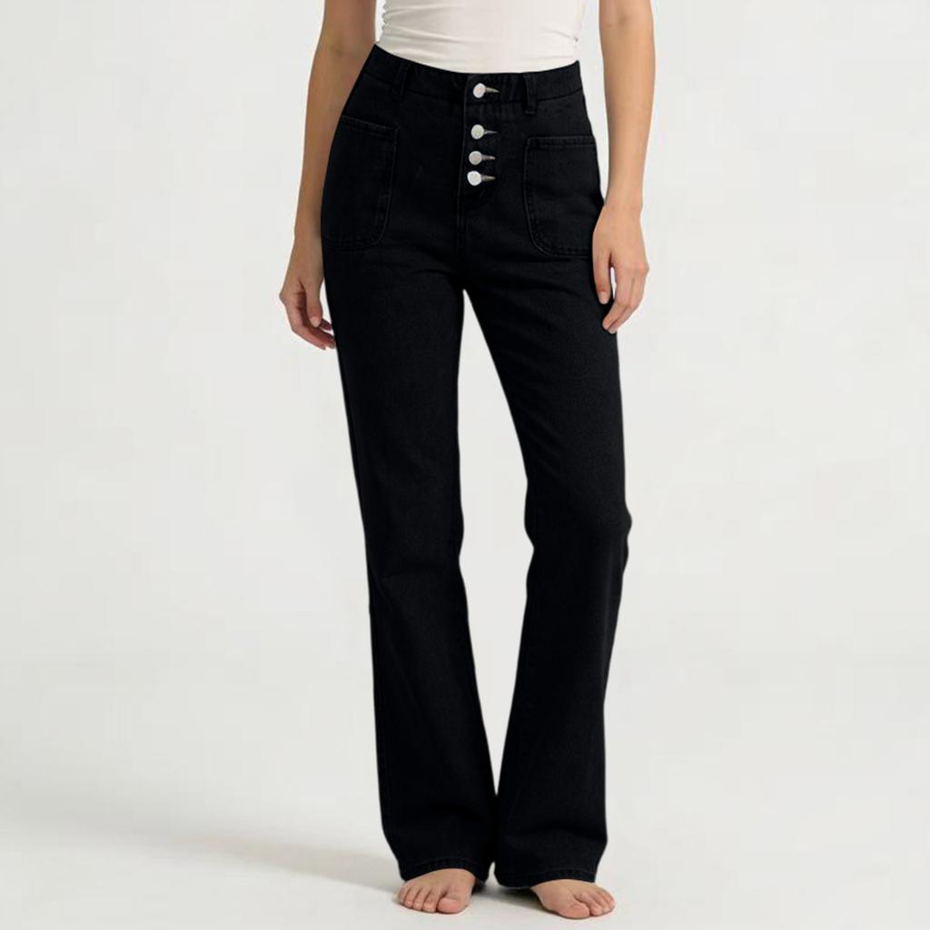 Women's Mid- Stretch Jeans Fashion Straight Leg Denim Pants With Pockets
