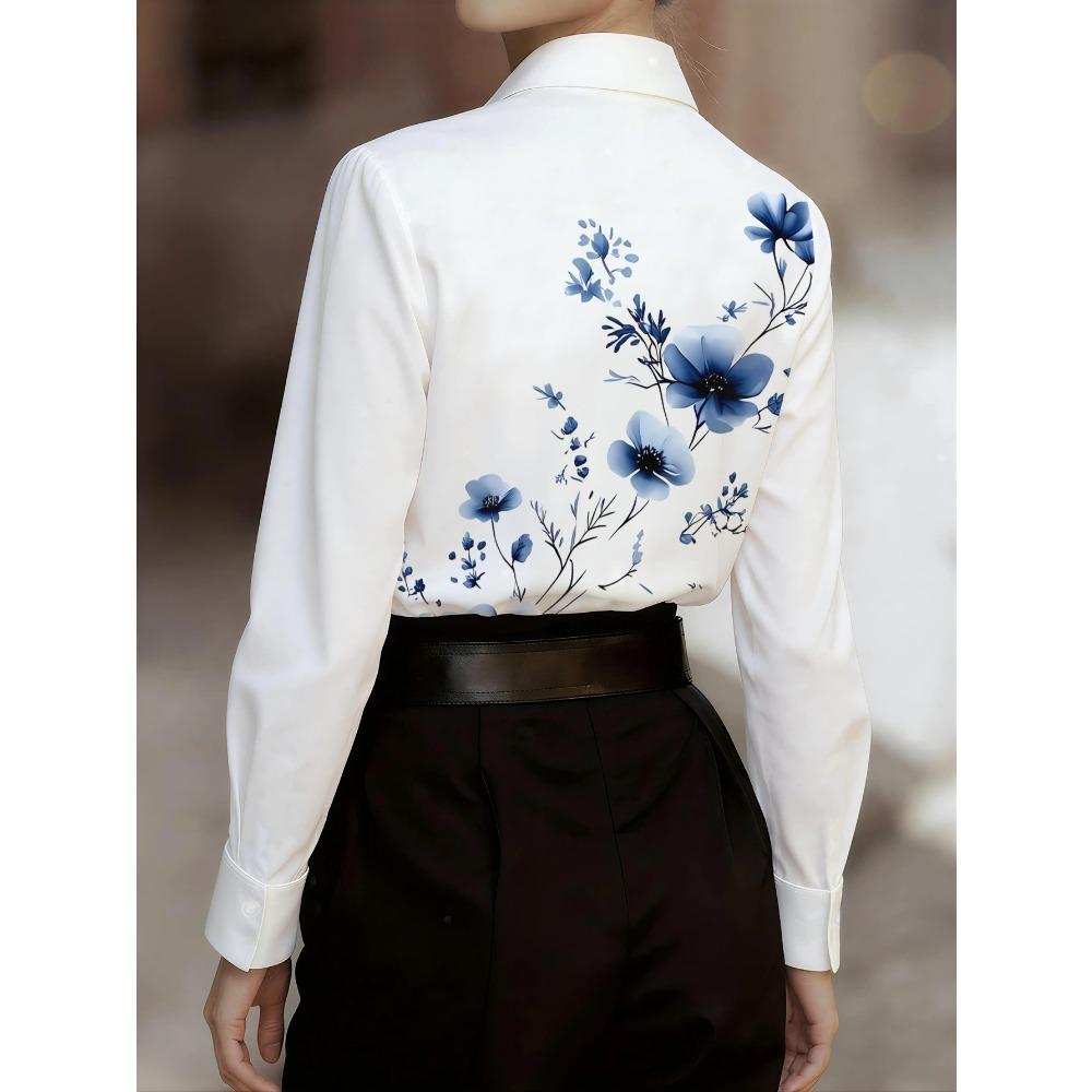 Women's Casual Shirt Blue and White Flowers Interlaced with Branches and Leaves To Form an Elegant Pattern Printing - Universal In All Seasons