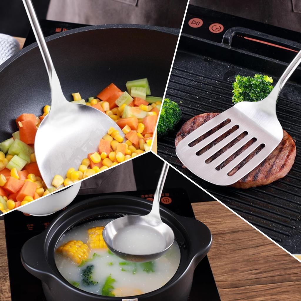 FJNATINH 4-Piece Stainless Steel Wok Utensil Set with Spatula, Ladle, Skimmer Spoon, and Slotted Spatula for Carbon Steel