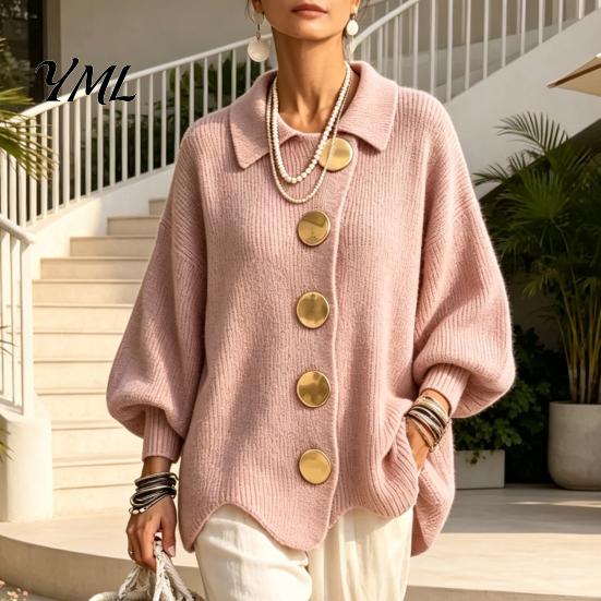 Women Knit Cardigan Oversized Sweater, Collared Top with Large Metal Relaxed Fit Buttons, Loose Lantern Sleeve Casual Sweater for Spring Autumn Button