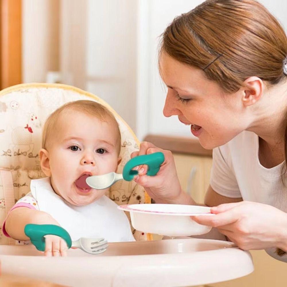 Silicone Handle Baby Forks and Spoons Set Self Feeding Baby's Dinnerware  Kids