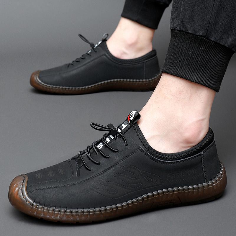 Fashion Outdoor Loafers Men's Slip-on Elastic Leather Shoes High-quality Thick-soled Casual Shoes British Style Driving Shoes Men Shoes