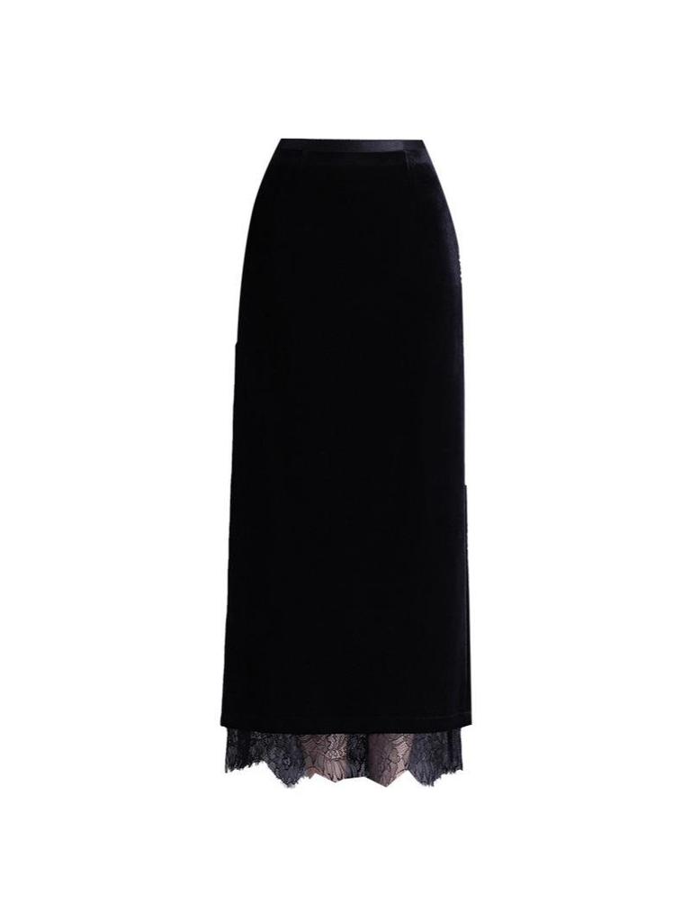 Lace-Trimmed High-Waist Slimming Midi Pencil Skirt with Slit (Winter 2025)