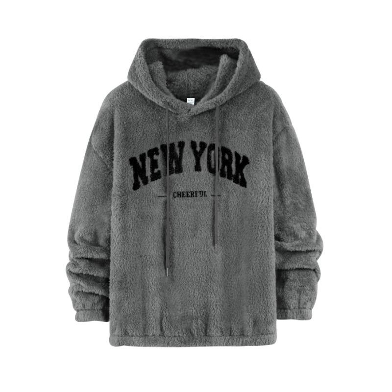 Men's sweater European version of lamb wool loose letter embroidery pocket hooded jacket