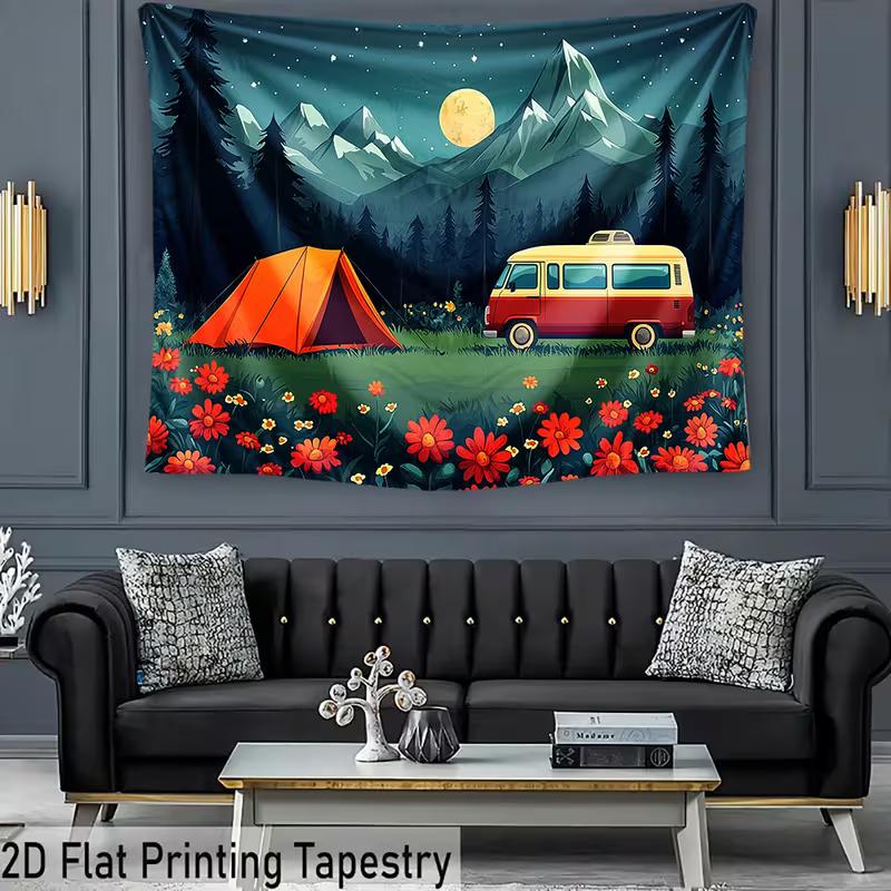 Sfondo Avventura 2D Campeggio con Tenda Arancione Furgone Retrò Sfondo Fiori di Campo per Servizio Fotografico