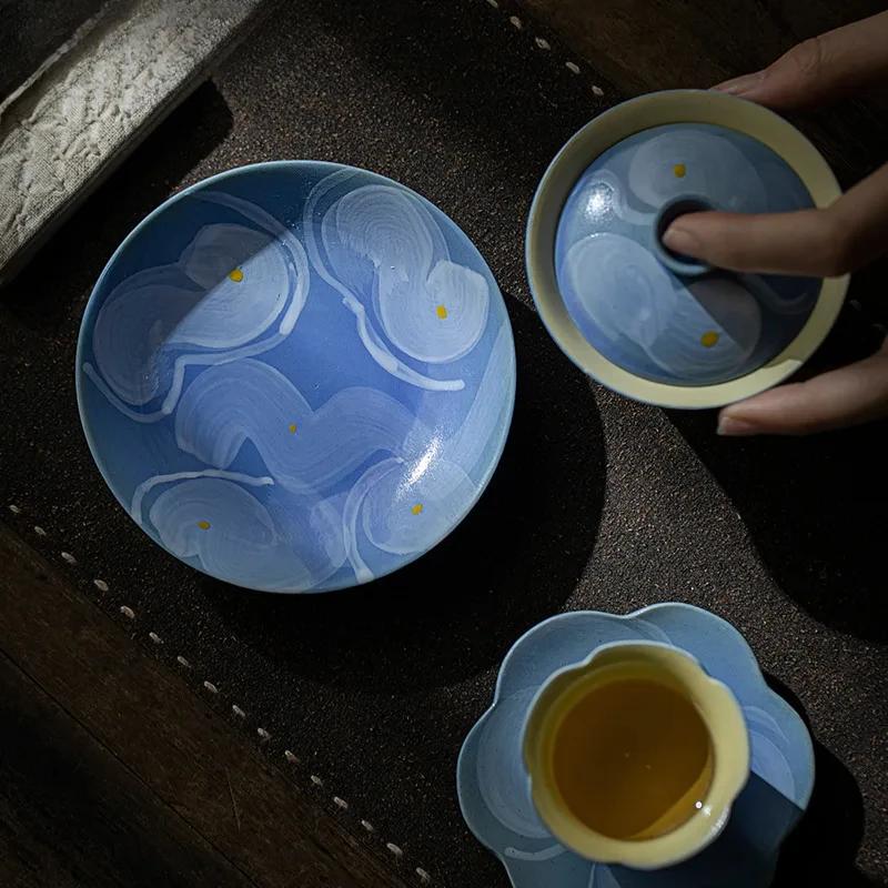 100ml Aesthetic Pure Hand-painted Gaiwan Japanese Powder Yin Blue Tea Tureen Household Tea Maker Cover Bowl Teaset Collection