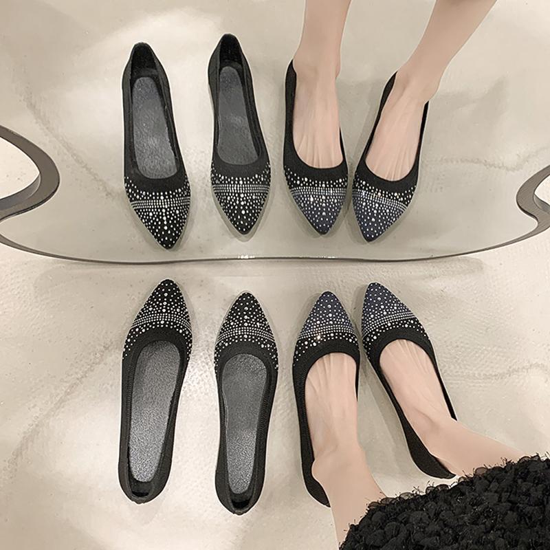 Fashion Fashion Point Toe Rhinestone Ballet Flats Woman Breathable Knitted Shallow Loafers Ladies Concise Slip-on Walking Shoes