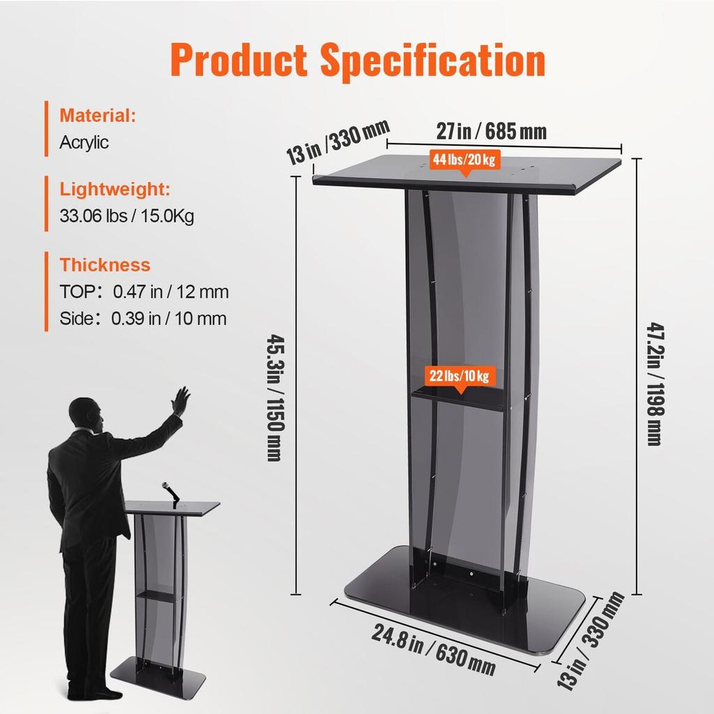 Acrylic Podium, 47" Tall, Acrylic Podium Stand with Wide Reading Surface & Storage Shelf, Floor-standing Clear Pulpits Acrylic for Church Office