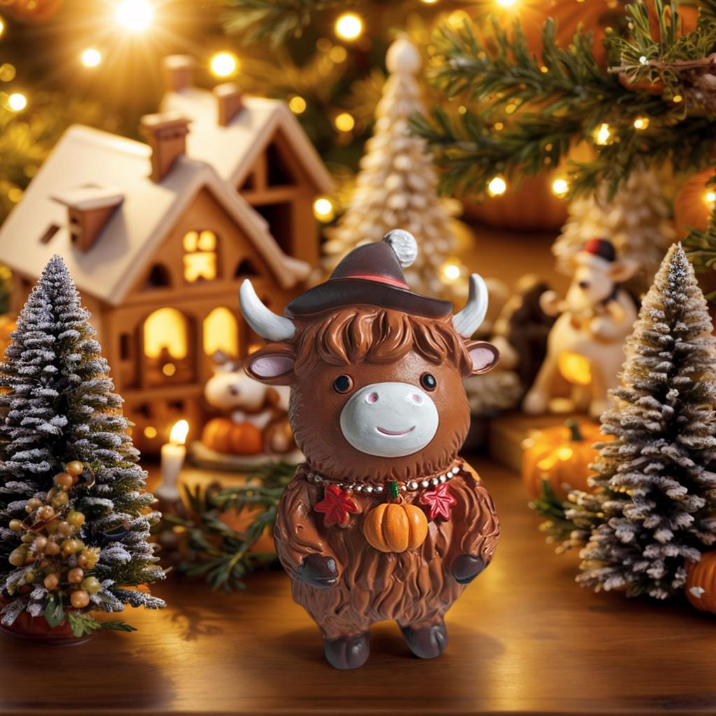 Söt Highland Cow Figurin med Tomtemössa Highland Kalv Skrivbordsdekoration Härlig Juldekoration Gåva för Trädgård Bord Hylla
