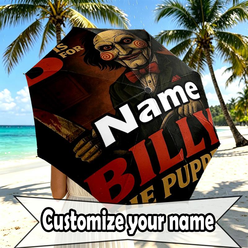 Custom Name Personalized Bride of Chucky Print Umbrella, Auto Open Close, 8‑Rib Sturdy Frame, Commute Camping Hiking Use, Birthday Gift