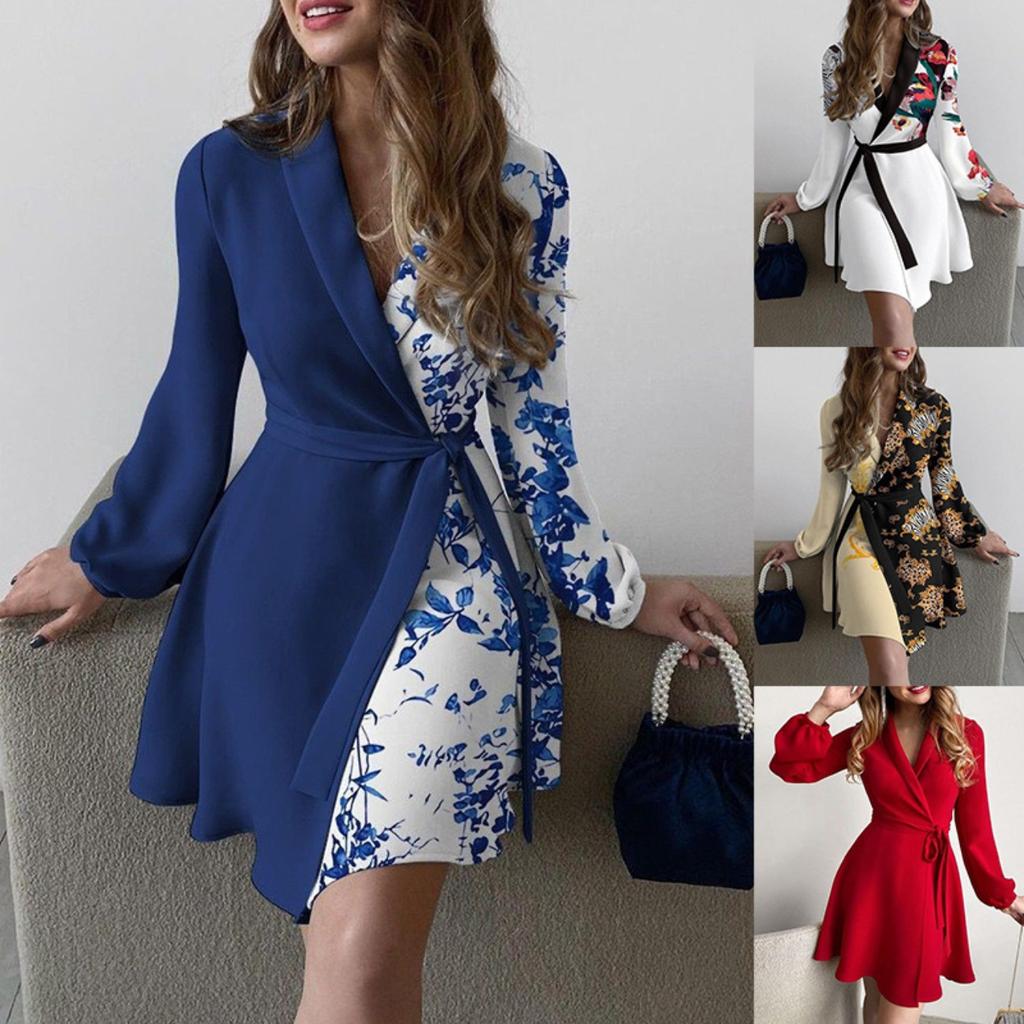 Turndown Collar Print Flower Dress Waist Hugging Elegant Lace Up Dress for Women Long Sleeve Loose Dresses Causal Backless Dress