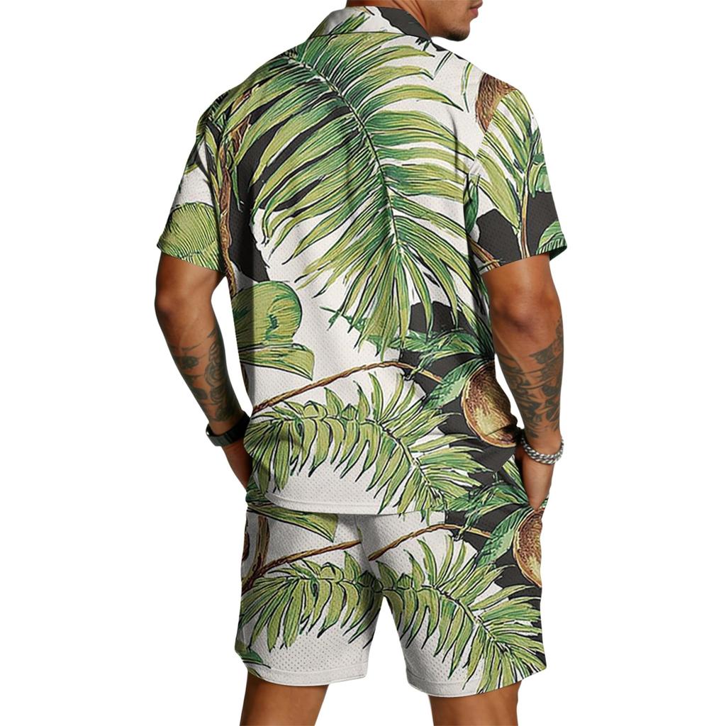 Men's Casual Printed Lightweight Breathable Shirt and Drawstring Shorts Set