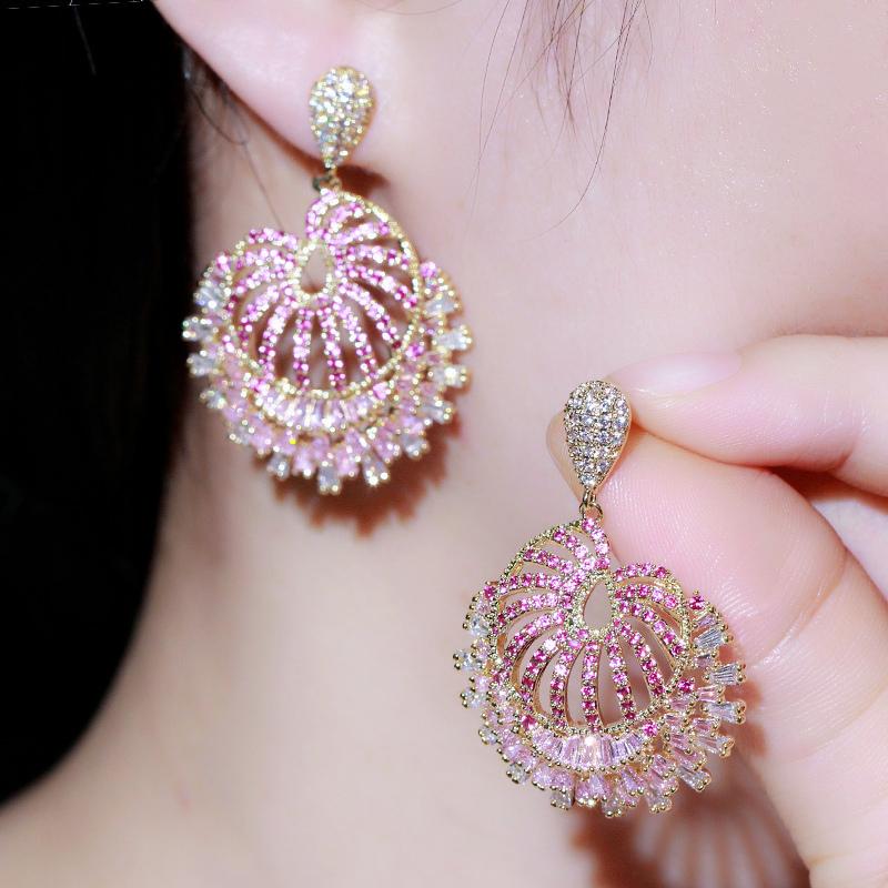 WWJ Romantic Flower Rose Red Zircon Big Dangle Drop Earrings for Brides