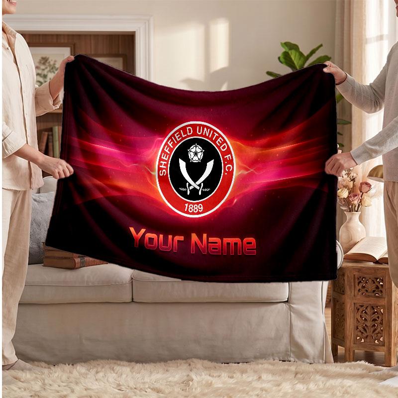 Sheffield United FC Personalized Fleece Blanket With Football Logo, Custom Name Text Soft Warm Home Throw Blanket