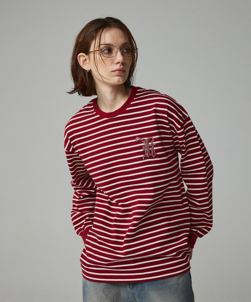 KITTY POTTERY Simple Logo Embroidered Striped T-Shirt Ivory & Wine