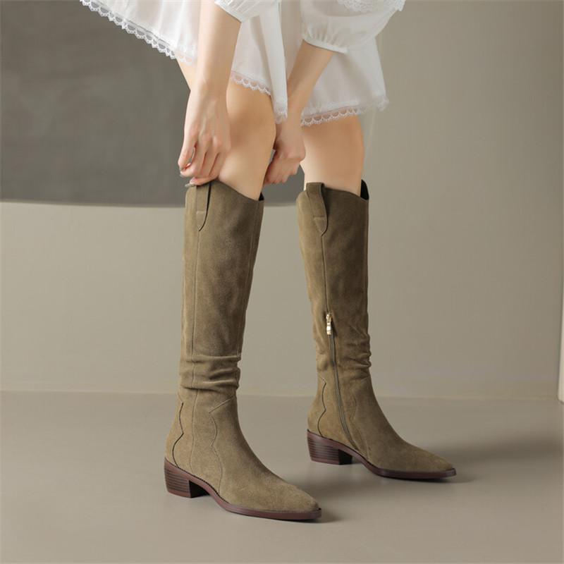Módní nové kozačky nad koleno Dámské podzimní zimní boty Hovězí semiš Špičatá špička Dámské boty Robustní podpatek Boty pro ženy Vysoké boty Ručně vyráběné