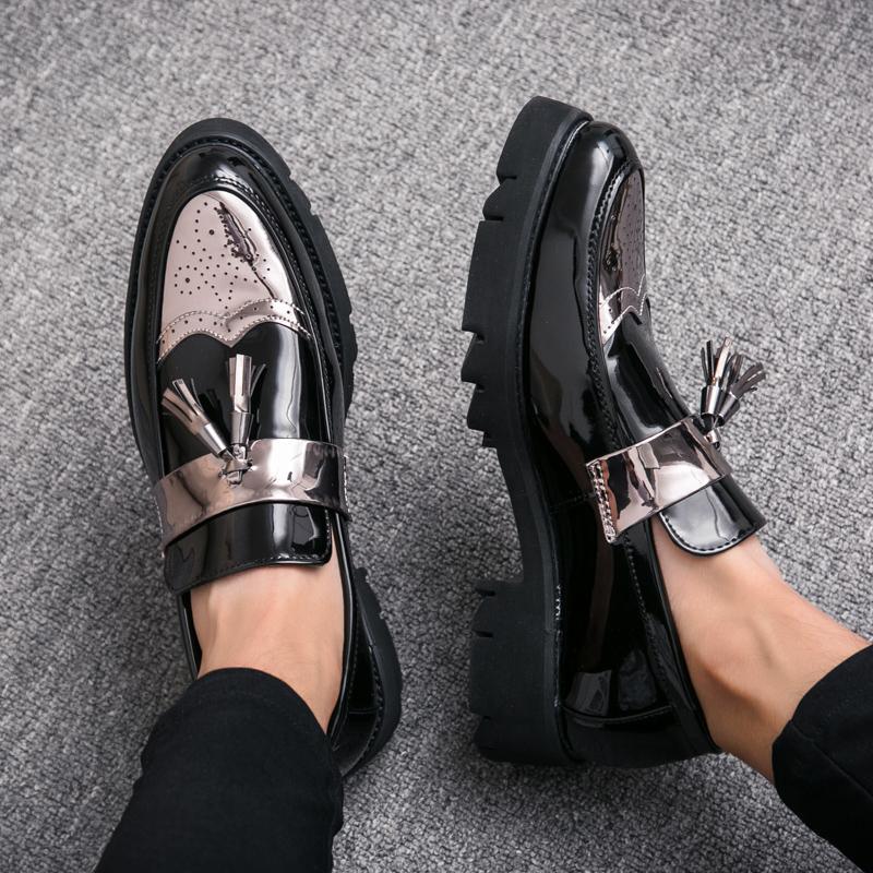Fashion Golden Men's Casual Slip-On Tassel Patent Loafers Thick Bottom Elevator Shoes Men's Party Shoes Business Shoes Brogue