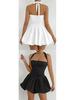 European & American Summer Pleated Backless Lace-up One-Shoulder Princess Dress
