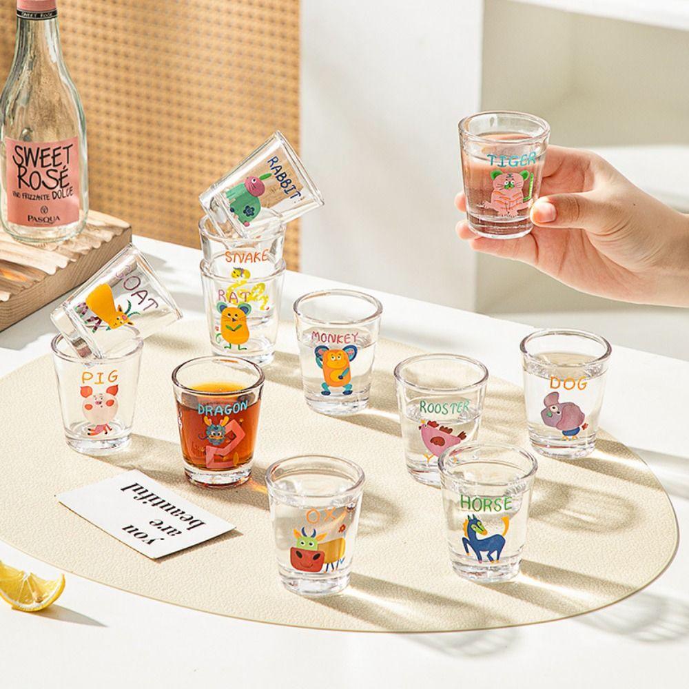 12Pcs 50ml Mini Wine Glasses Chinese Zodiac Cartoon Glass Cup Ideal Gift Sake Cup Set  Personalized