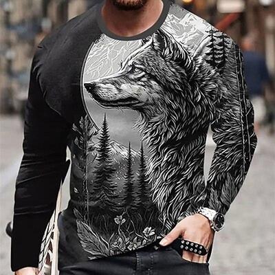 T-shirt con stampa 3D, stile grafico, stile animale, casual, da uomo, sportiva, all'aperto, per le vacanze, a maniche lunghe