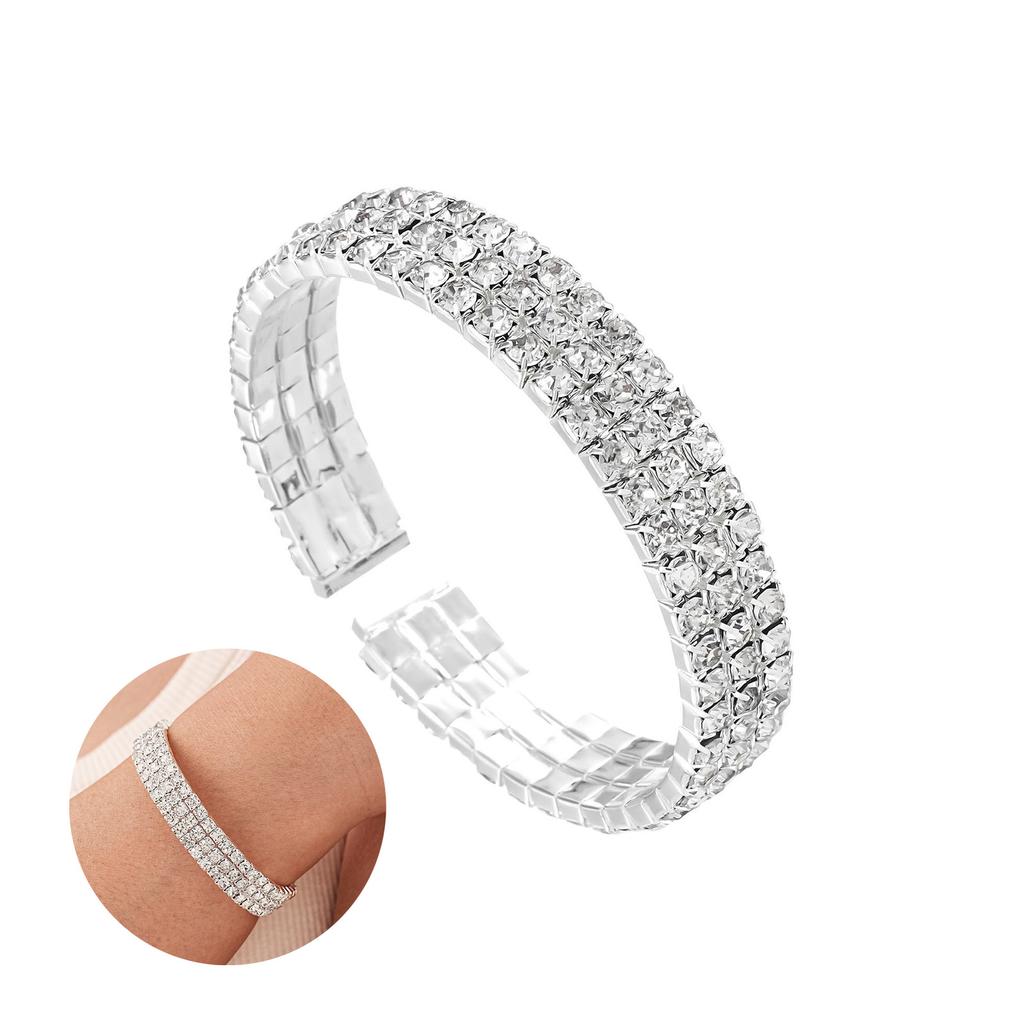 3-Layer Rhinestone Open Bangle Alloy Bracelet for Women Stylish Jewelry
