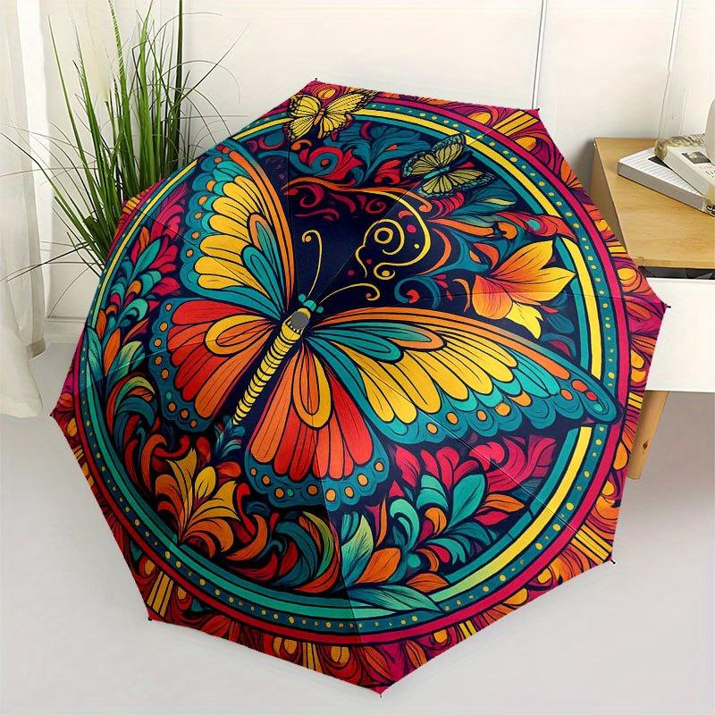 

Colorful Butterfly Mandala Art Print, Vibrant Nature Design for Home Decor Umbrella, Cute Umbrella with Cute Design, Portable 3-Fold Compact Umbrella