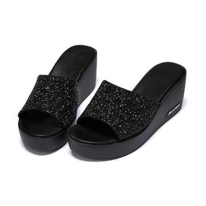 Vêtements d'extérieur Sandales compensées pour dames à semelles épaisses Tongs à talons hauts Chaussures à plateforme Sandales à talons hauts à bouche de poisson à paillettes noires