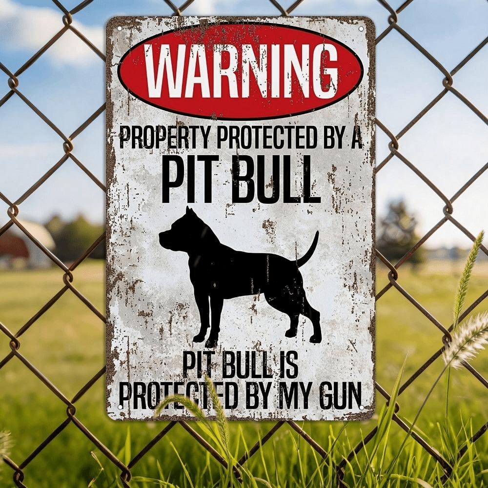1pc Vintage Metal Tin Sign Beware of Pit Bull Funny Warning Sign, Retro Wall Art Decor 8x12in, Outdoor Yard Porch Hanging Plaque