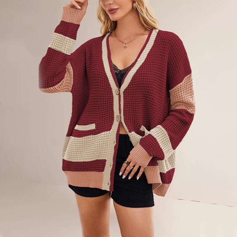Women S V Neck Oversized Color Block Knit Cardigan Sweater