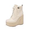 10Cm leather thick-soled wedge heel short boots women's head layer cowhide high heels autumn and winter new front lace-up heightening Martin boots
