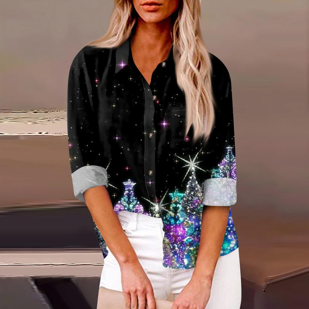 Women's Loose Casual Long-sleeved Christmas Print Shirt Print And Pocket Cardigan