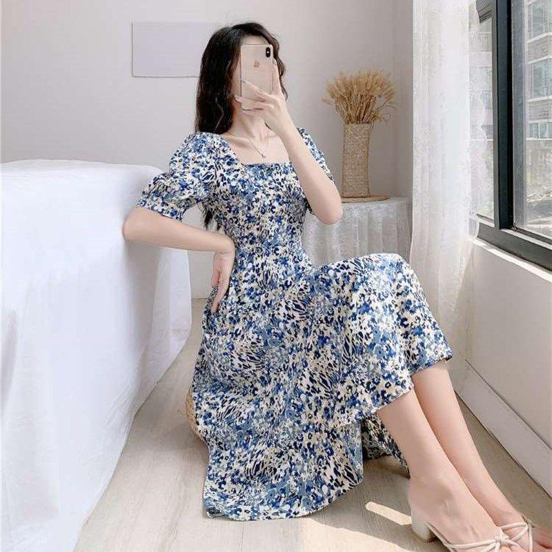 French Retro Puff Sleeve Large Size Skirt Summer Sweet Flora