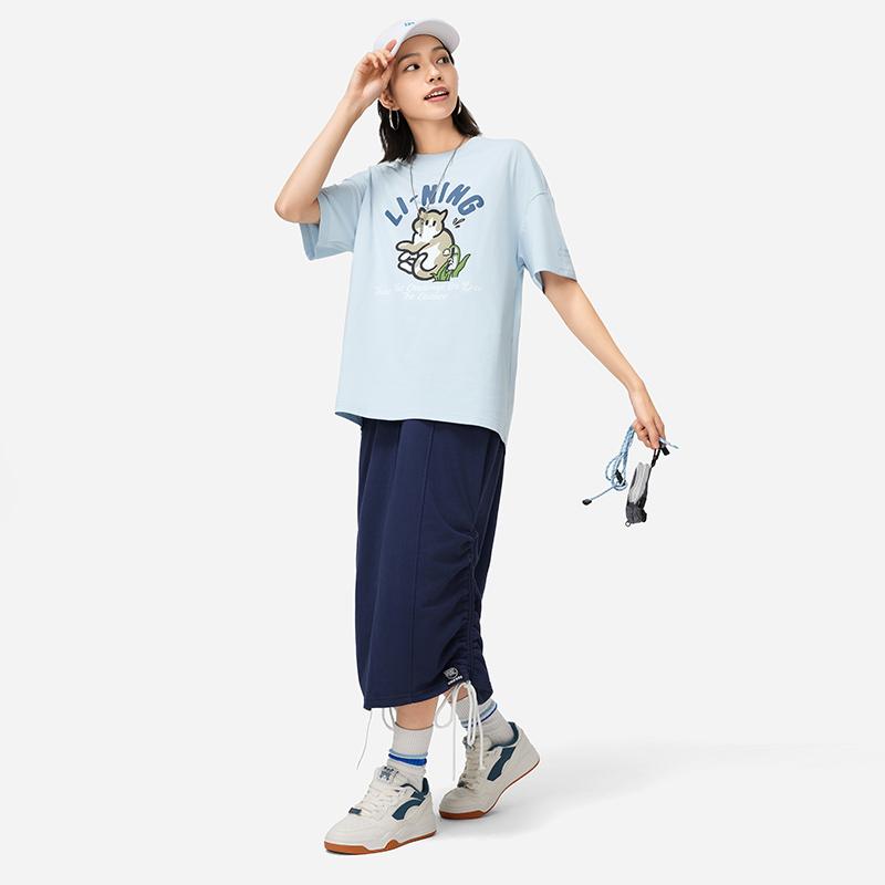 Li-Ning Cooling Tea T-Shirt Quick-Dry Cool Casual Sports Top Letter Print Round Neck Loose Short Sleeve Women Tops Cloud-Blue AHSU750-2