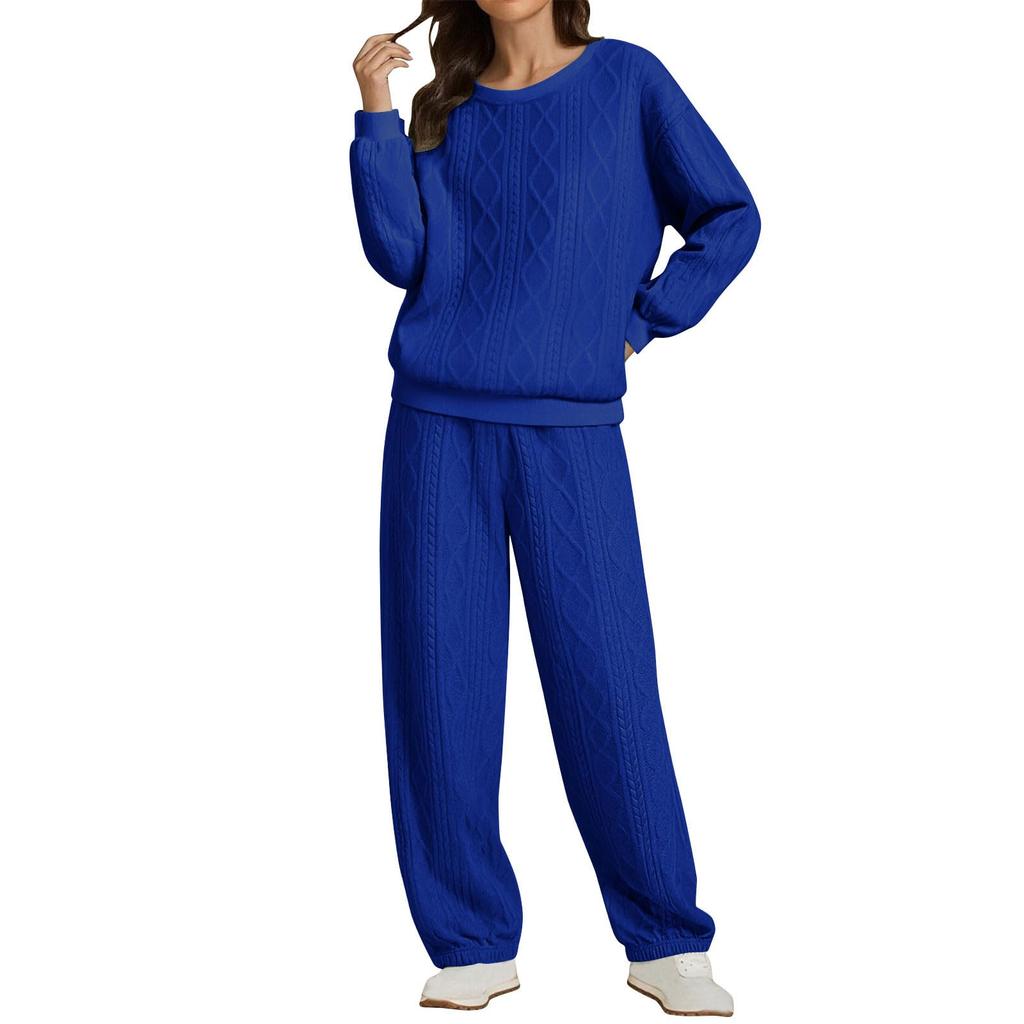 Women's Fashion Color Round Neck Long Sleeve Top Elastic Waist Casual Pants Loose Sports Two Piece Set