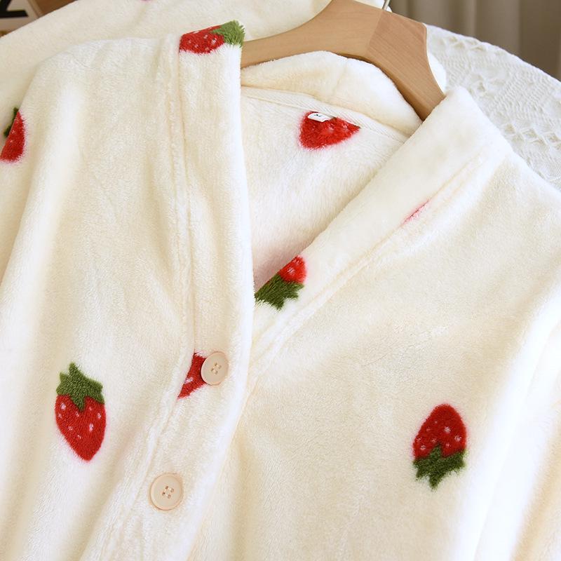 Women's Thick Flannel V-Neck Pajama Set - Warm Long Sleeve Cardigan Style for Home or Outdoors