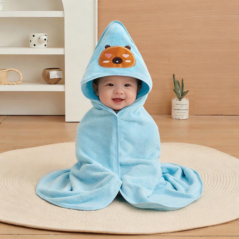 Cartoon Hooded Baby Swaddle & Bath Towel - Coral Fleece, Absorbent, Embroidered, Newborn To Toddler