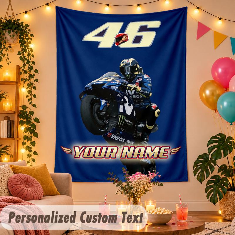 Valentino Rossi Personalized Wall Tapestry Custom Name Text Polyester Hanging Decor Home Room