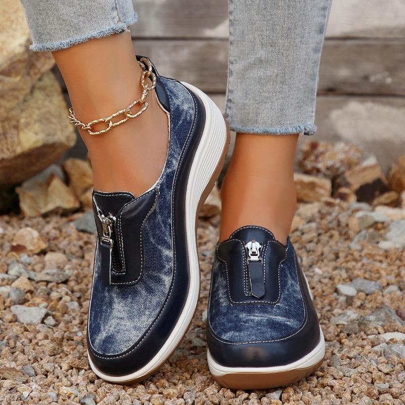 Spring and autumn new large size flat-soled single shoes platform-soled wedge heel casual shoes women's front zipper sneakers women's