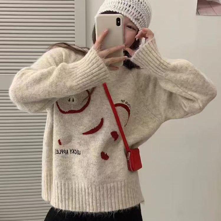 Apfelstrick-Cardigan im koreanischen Stil - Rundhalsausschnitt, lange Ärmel, weicher Pullover für Herbst/Winter