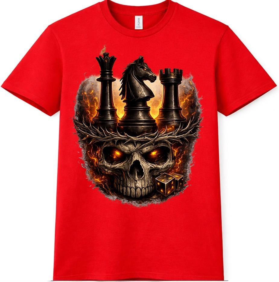 Skull TShirt Chess Graphic King Knight Rook Fiery Dark Fantasy Strategy Tee S