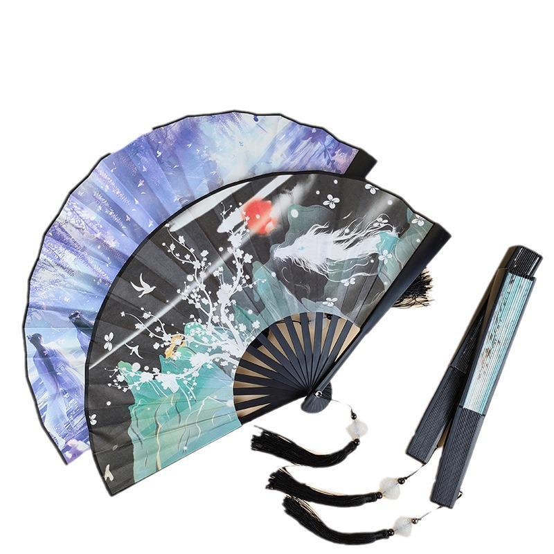 Ancient Style 8-Inch Folding Plastic Fan with Tassel for Men's Hanfu Dance