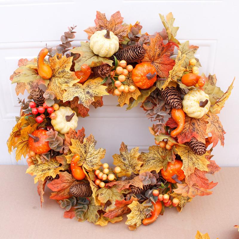 Handmade Maple Leaves Pumpkins Wreath Diy Decoration For Thanksgiving Halloween Front Door Wall Hanging Autumn Harvest Wreath