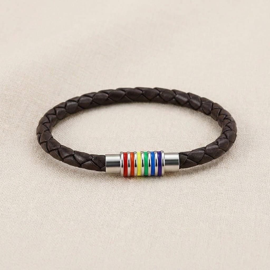 

1pc Titanium Steel Rainbow Flag Pride Charm Bracelet Leather Weave Plated Jewelry Gift For Men Women срібний