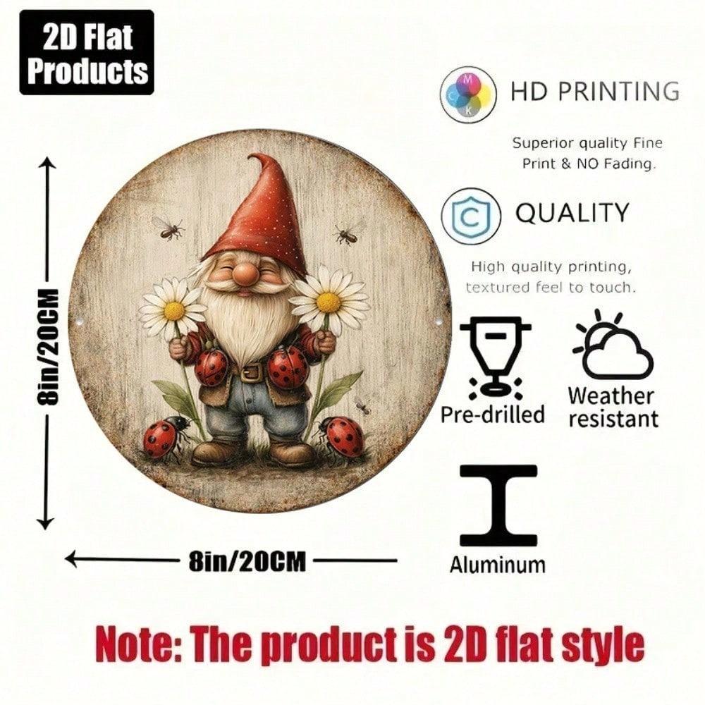 1pc 8x8in Retro Gnome Ladybug Garden Sign Round Metal Plaque Outdoor Porch Wall Decor Yard Patio Hanging Ornament