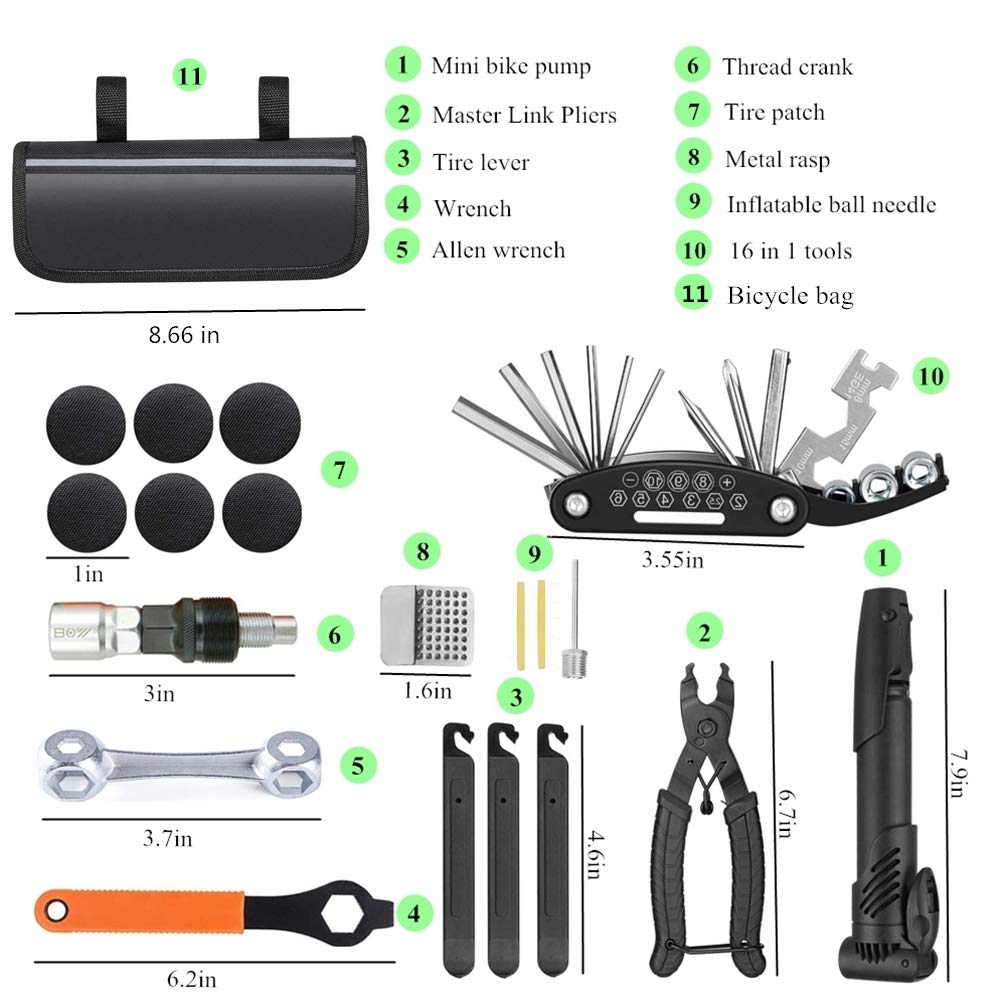 Universal Bicycle Repair Tool Includes Tire Tire Puncture Repair Bicycle Tool Master Link Crank Pull Tire and Bicycle Essentials Kit, Pump, Kit,