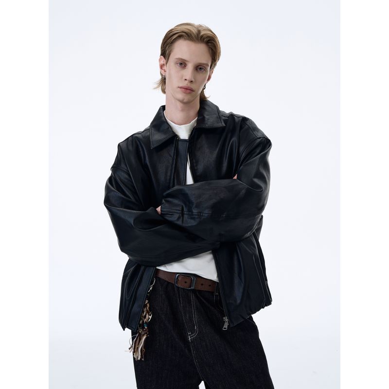 Kisko American Street Style Bomber Silhouette Black Motorcycle Jacket Unisex Trendy Brand Cool Lapel Leather Jacket