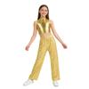 Kids Jazz Dance Costume Sleeveless Mock Neck Metallic Top and High Waist Sparkle Sequin Pants for Stage Competition