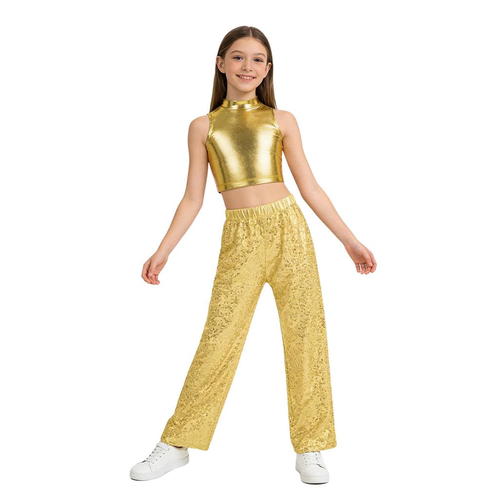 Kids Jazz Dance Costume Sleeveless Mock Neck Metallic Top and High Waist Sparkle Sequin Pants for Stage Competition