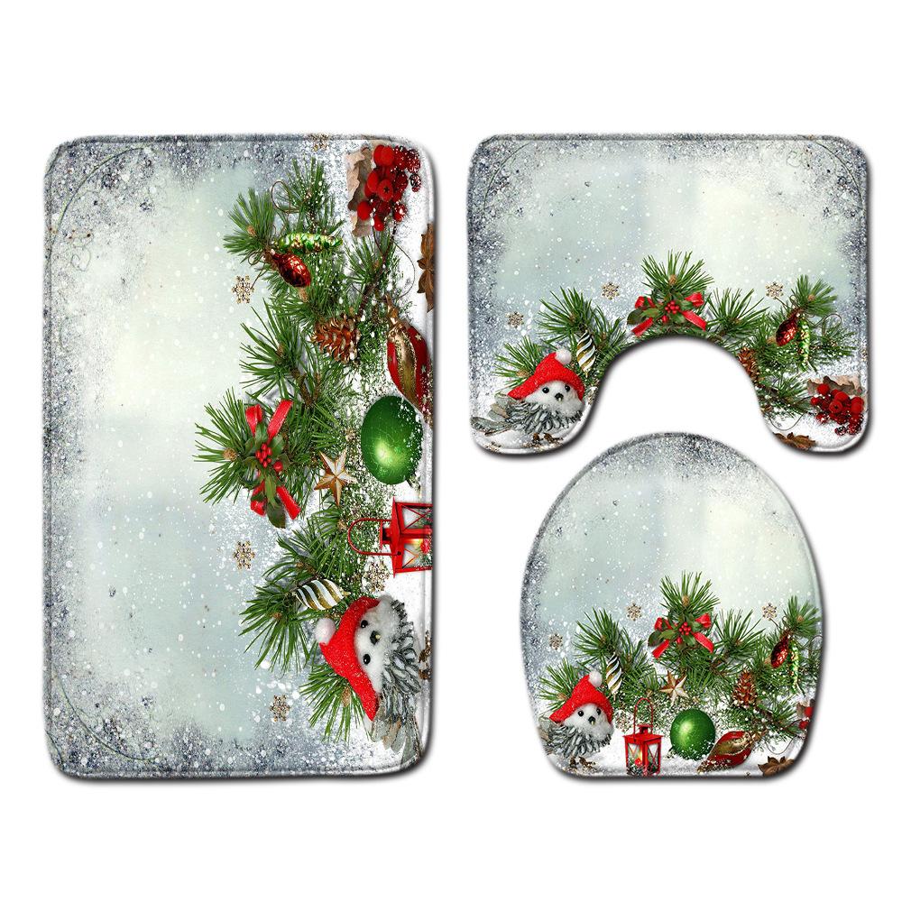 Christmas Four-Piece Shower Curtain Combination Floor Mat Set Bathroom Non-Slip Door Mat Absorbent Carpet