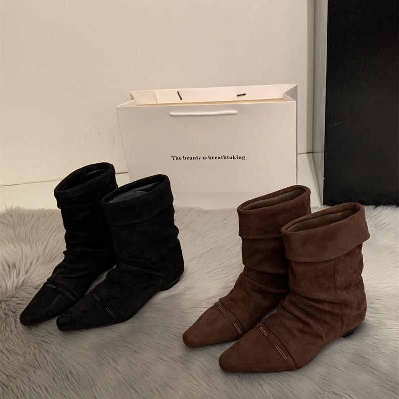 Niche design foldable two-wear pointed boots 2025 early autumn new versatile pleated piled boots knight boots women